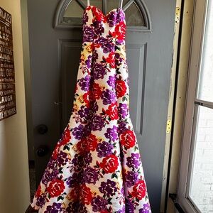 Windsor Strapless Dress with Red and Purple Floral Design